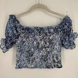 Express top XS blue smocked off shoulder cottage coquette feminine milkmaid